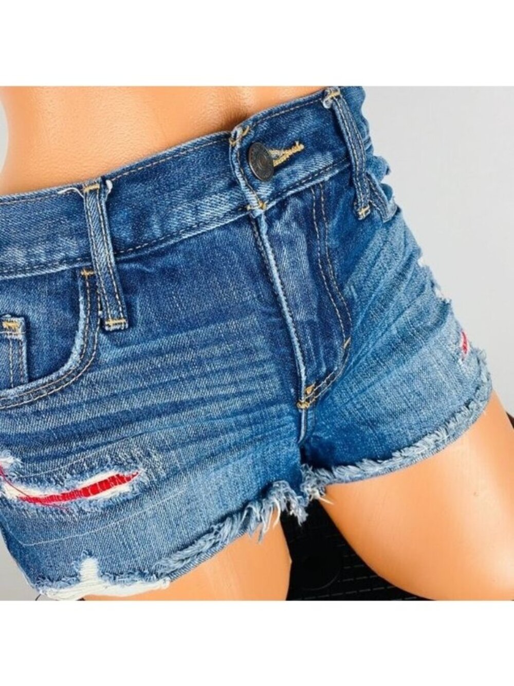 Abercrombie & Fitch Jean Shorts Jean Shorts Red Patch Accents Fringe Hem 2 W 26